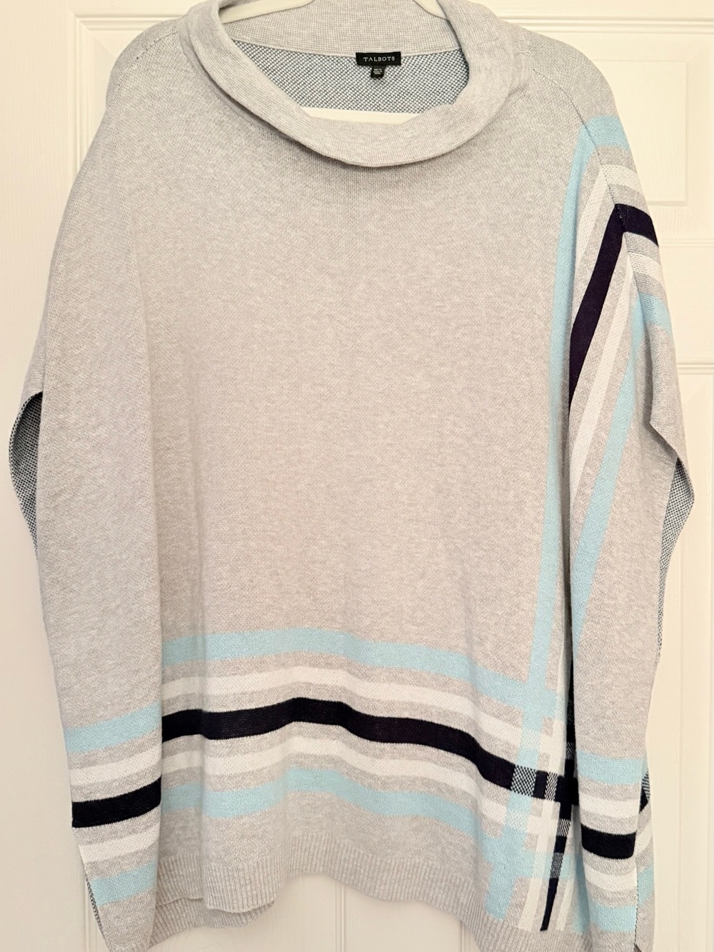 Talbots Light Gray Cowl Neck Sweater with Blue and Black Stripes